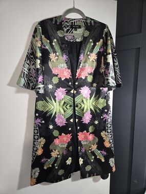 Pineda Covalin Floral Satin Kimono Jacket in Black with Pink & Green Accents